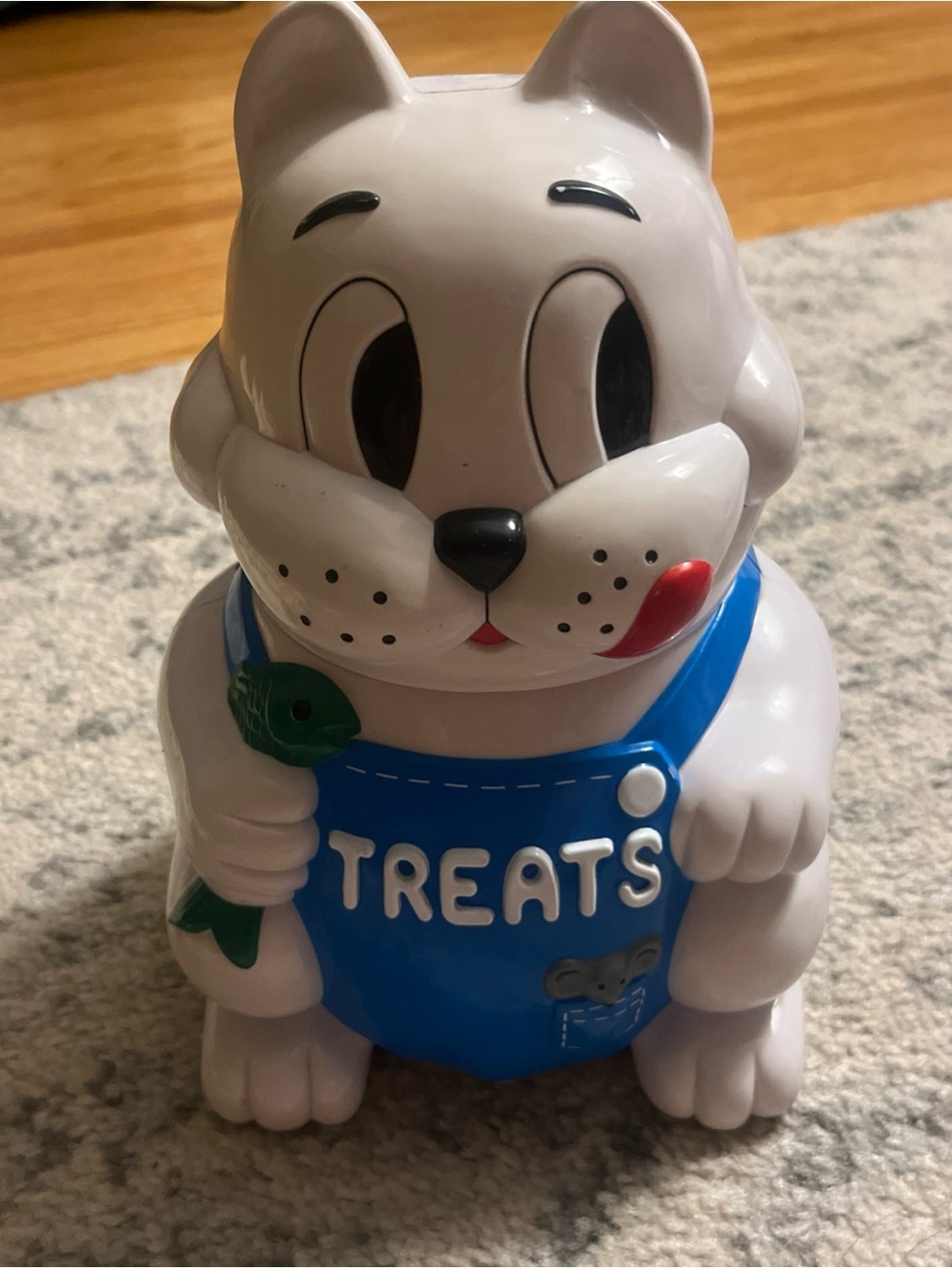 White Ceramic Cat Treat Jar with Blue Overalls